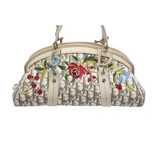 Dior Handbag Flower Trotter Tan Christian Embroidery Floral Beige Canvas